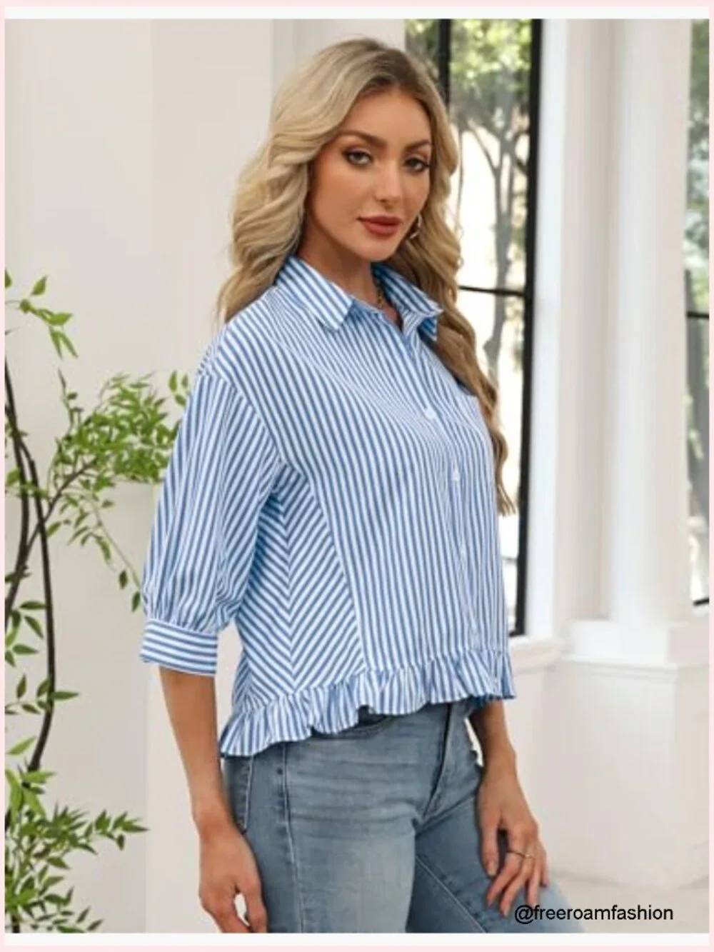 Womens 3/4 Sleeve Button Down Ruffle Babydoll Blouse Loose Fit Striped - Picture 4 of 7